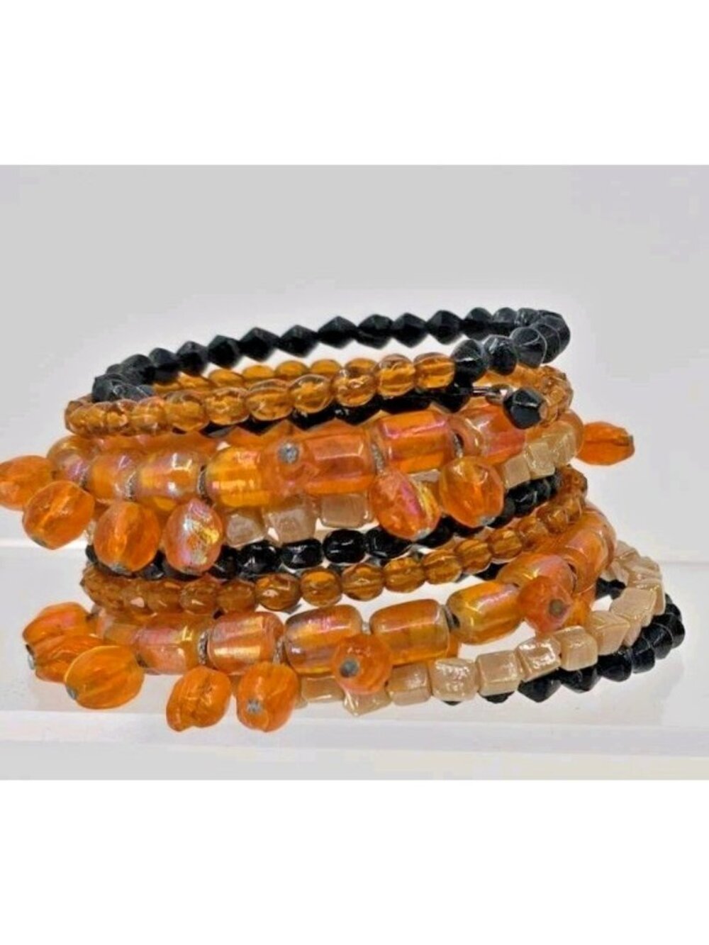 Memory Wire Wrap Bracelet Orange Amber AB Glass Bead Halloween Fall Boho Beach